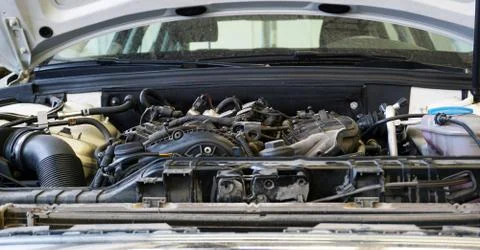 The engine of a modern car. 스톡 사진