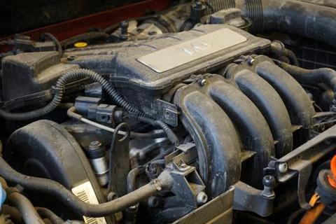 The engine of a modern car. Real-time photo. Stock Photos