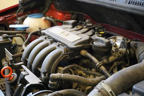The engine of a modern car. Real-time photo. Stock Photos
