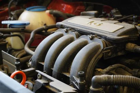 The engine of a modern car. Real-time photo. Stock Photos