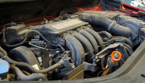 The engine of a modern car. Real-time photo. Foto stock