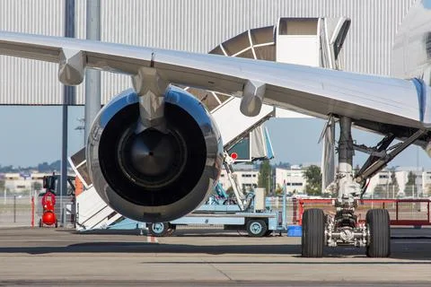 Engine of modern passenger jet plane Stock Photos