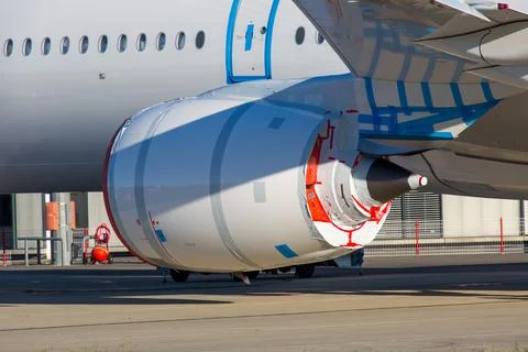 Engine of modern passenger jet plane Stock Photos