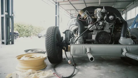 Engine, motor on auto-disassembly in garage Stock Footage 86341427