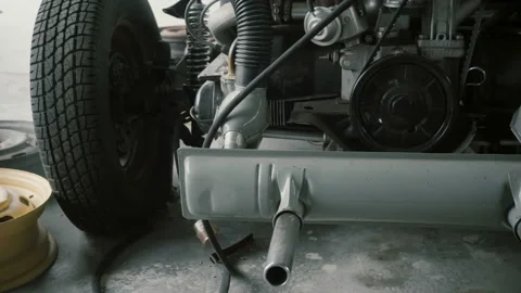 Engine, motor on auto-disassembly in garage Stock Footage 86342795