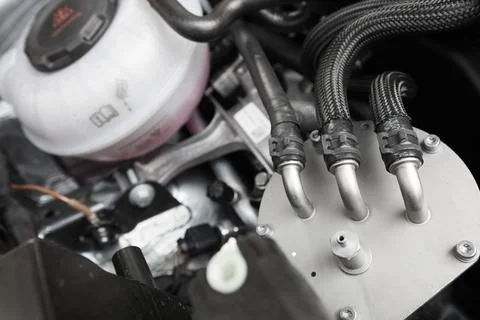 Engine oil filter cross section display inside machine motor in car. Stock Photos