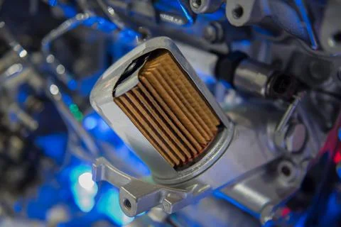 Engine oil filter cross section on the car engine,  it necessary to replace a Stock Photos