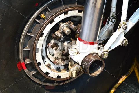 Engine part of bt-67 aircraft wheel and break Stock Photos