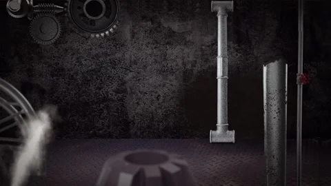 Engine parts and pipes in a dark industrial basement Stock Footage 346778499