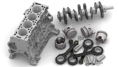 Engine parts lie on a white surface Stock-Illustration