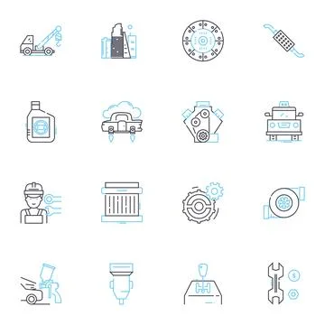 Engine parts linear icons set. Piston, Crankshaft, Timing belt, Camshaft, Engine Stock Illustration