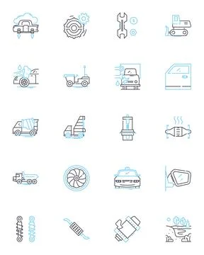 Engine parts linear icons set. Piston, Crankshaft, Timing belt, Camshaft, Engine Stock Illustration
