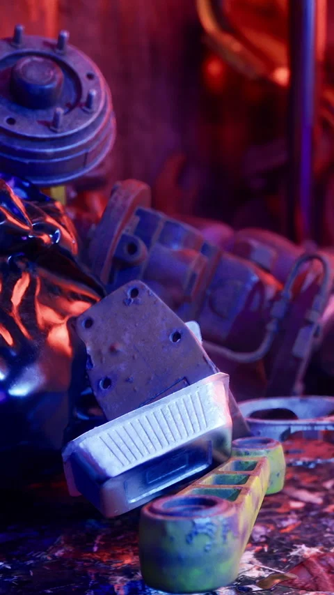 Engine parts on a workbench in a garage at night Stock Footage 331763795