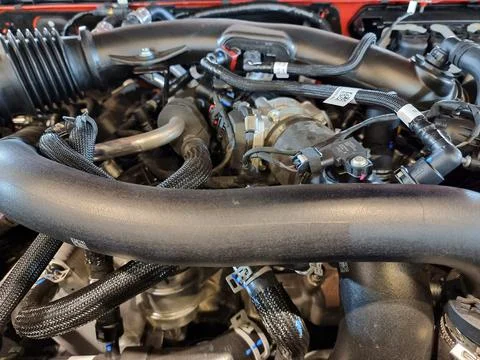 The engine in the pickup truck after it has been cleaned. Stock Photos