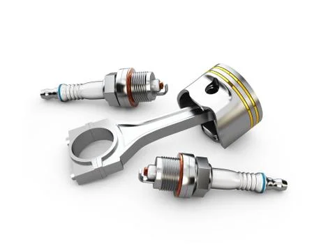 Engine piston and spark plugs, isolated white, 3d illustration Stock Illustration