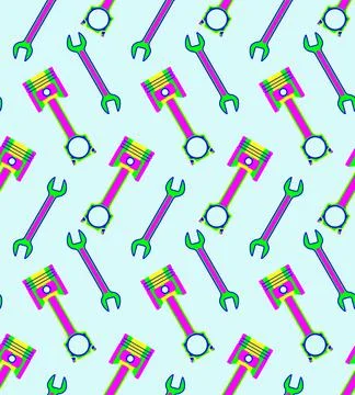 Engine piston and Wrench pattern seamless. motorcycle pistons background. Car Illustrazione stock