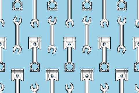 Engine piston and Wrench pattern seamless. motorcycle pistons background. Car 스톡 일러스트