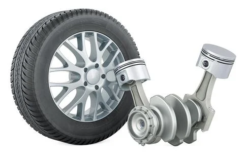 Engine pistons with car wheel, 3D rendering Stock Illustration