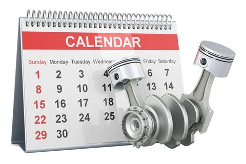 Engine pistons with desk calendar, 3D rendering Stock Illustration