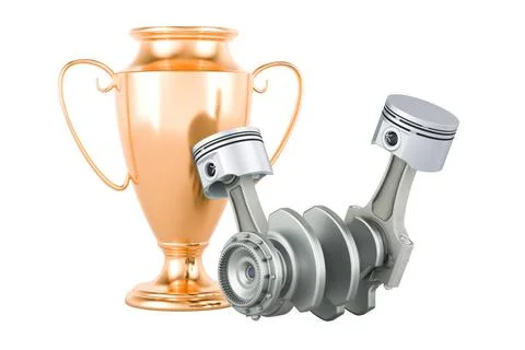 Engine pistons with gold trophy cup award, 3D rendering Engine pistons wit... Stock Photos