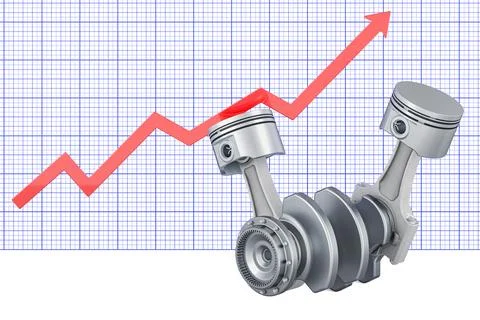 Engine pistons with growing chart, 3D rendering Stock Illustration