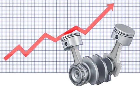Engine pistons with growing chart, 3D rendering Engine pistons with growin... Stock Photos