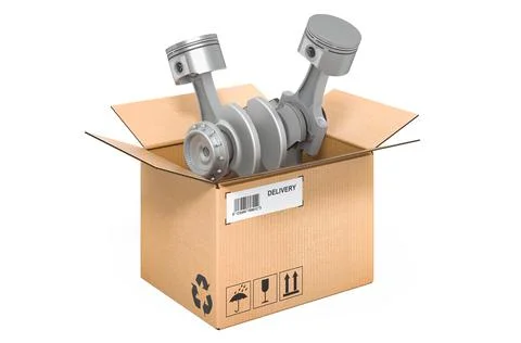 Engine pistons inside cardboard box, delivery concept. 3D rendering イラスト素材