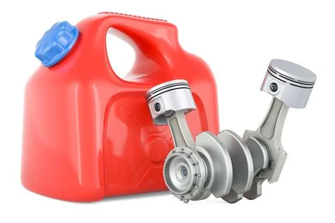 Engine pistons with plastic jerrycan, 3D rendering Stock Illustration