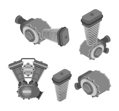 Engine racing set Isometric. Motor motorcycle isolated. Vector illustration. Illustrazione stock