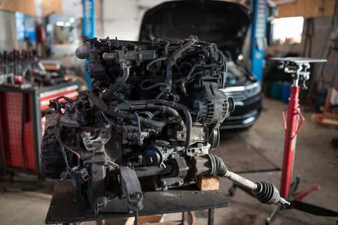 Engine removed from the car and serviced for installation. Stock Photos