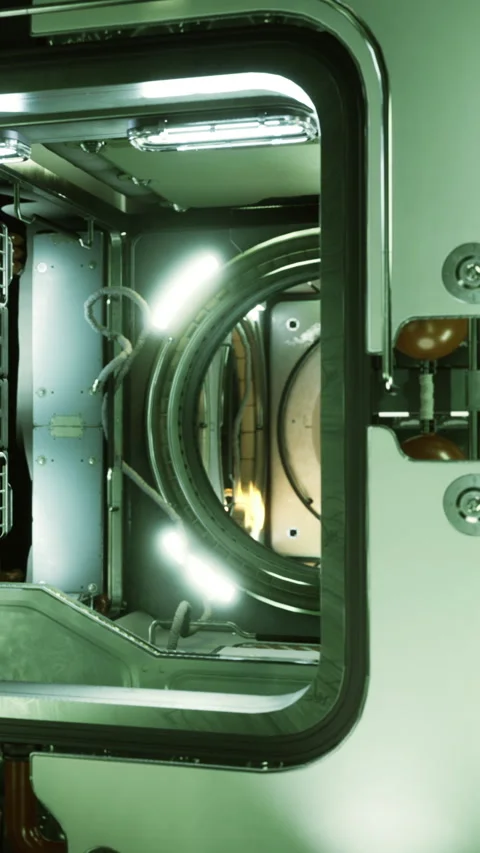 Engine room door opens to reveal machinery and lights in a space station Stock Footage 334884941