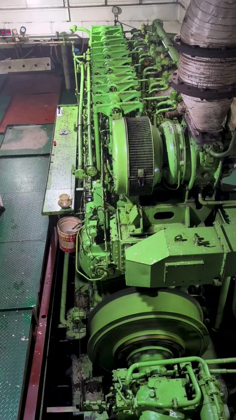 Engine room in a large ship shows a green diesel engine with multiple cylin.. Stock Footage 331707704