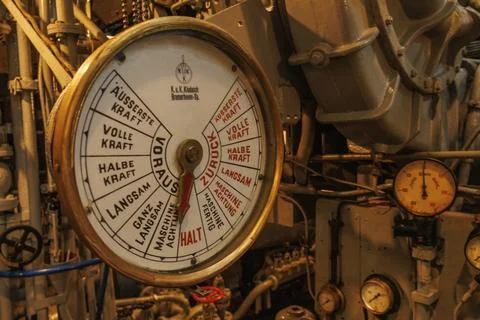 Engine room of a ship with control unit and measuring instruments, bremerhaven, Stock Photos