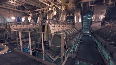 Engine room of vessel. Diesels. Large engine room on tanker. General plan Stock Footage 169837669