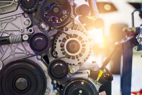 Engine is running. A fragment of the engine and powerful of a car parts. 스톡 사진