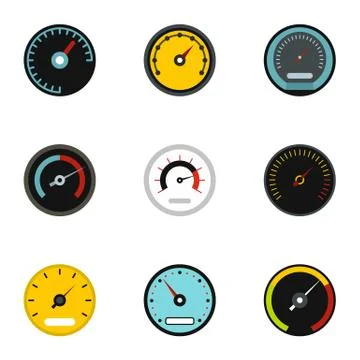Engine speedometer icons set, flat style Illustrazione stock