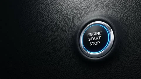 Engine start and stop modern car button with blue shine Stock-Footage 235467387