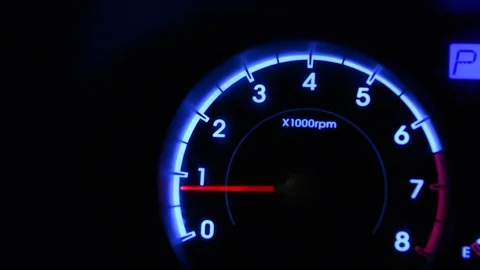 Engine start, arrow moves up tachometer dashboard close up 스톡 동영상 94425318