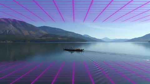 Engine starting ferry shuttling figures moving across calm lake under neon grid Video stock 312468305