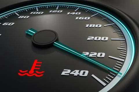 Engine temperature warning light on car dashboard. 3D rendered illustration. Stock Illustration