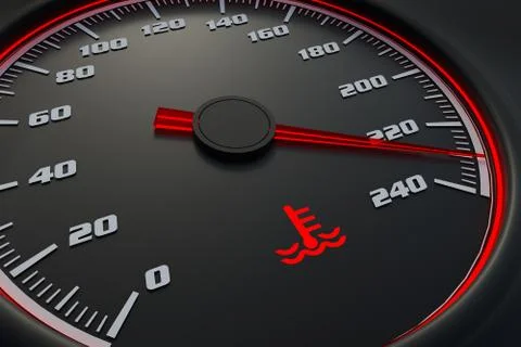 Engine temperature warning light on car dashboard. 3D rendered illustration. Stock Illustration