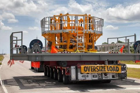 The engine vertical installer for NASAs Space Launch System (SLS) arrives.. Stock Photos
