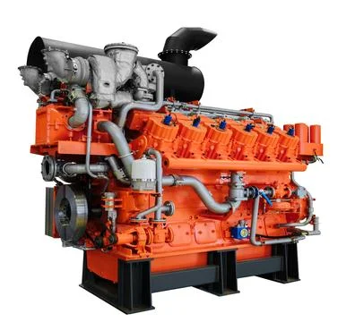 Engine on white is a massive, powerful machine with a striking orange and bla Foto stock