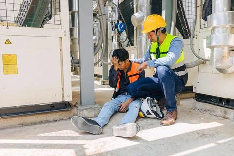 Engineer accident at work site. worker head ache injury faint from hot weat.. Stock Photos