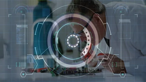 Engineer adjusting glasses, launching tech HUD scanning PCB, snipping wire and Stock Footage 311046755