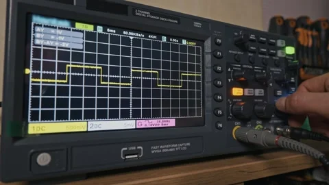 Engineer Adjusts Digital Oscilloscope Controls To Analyze Electronic Signal Stock Footage 329682427