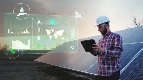 Engineer analysing solar panels data, digital future job concept motion Stock Footage 153649833