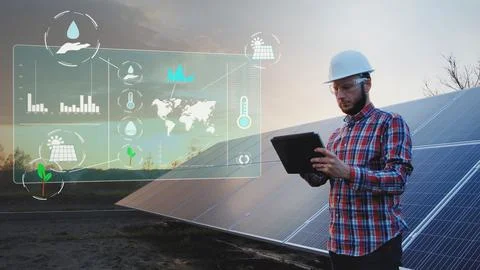 Engineer analysing solar panels data, digital future job concept graphics. Foto stock