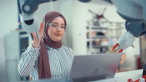 Engineer Analysis Robot Arm And Programming Stock Footage 187573832