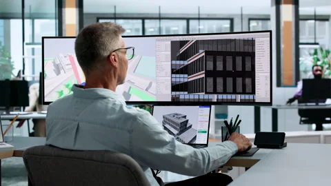 Engineer Analyzes 3D Building Model Using Laptop Stock Footage 344710590